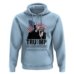 Trump The Legend Never Dies 2024 Hoodie American Flag Raised Fist TS11 Light Blue Print Your Wear