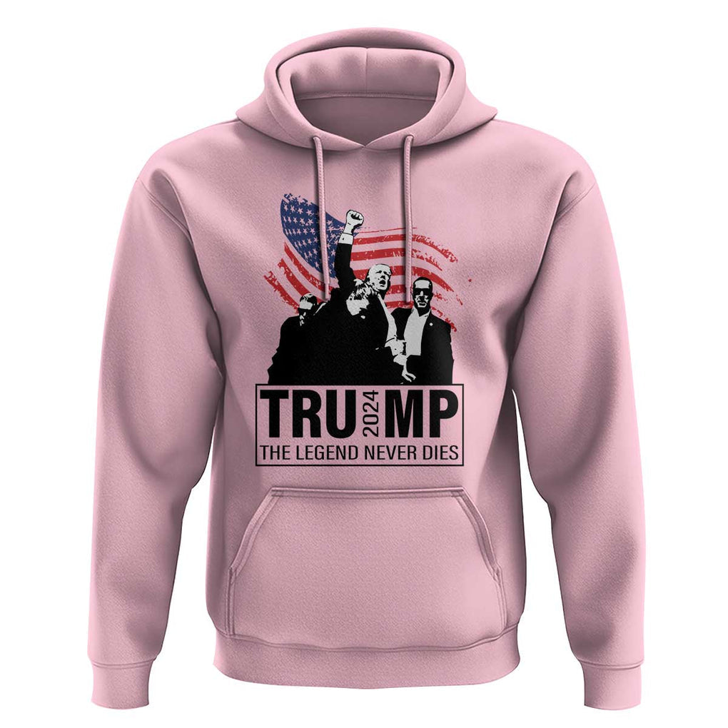 Trump The Legend Never Dies 2024 Hoodie American Flag Raised Fist TS11 Light Pink Print Your Wear