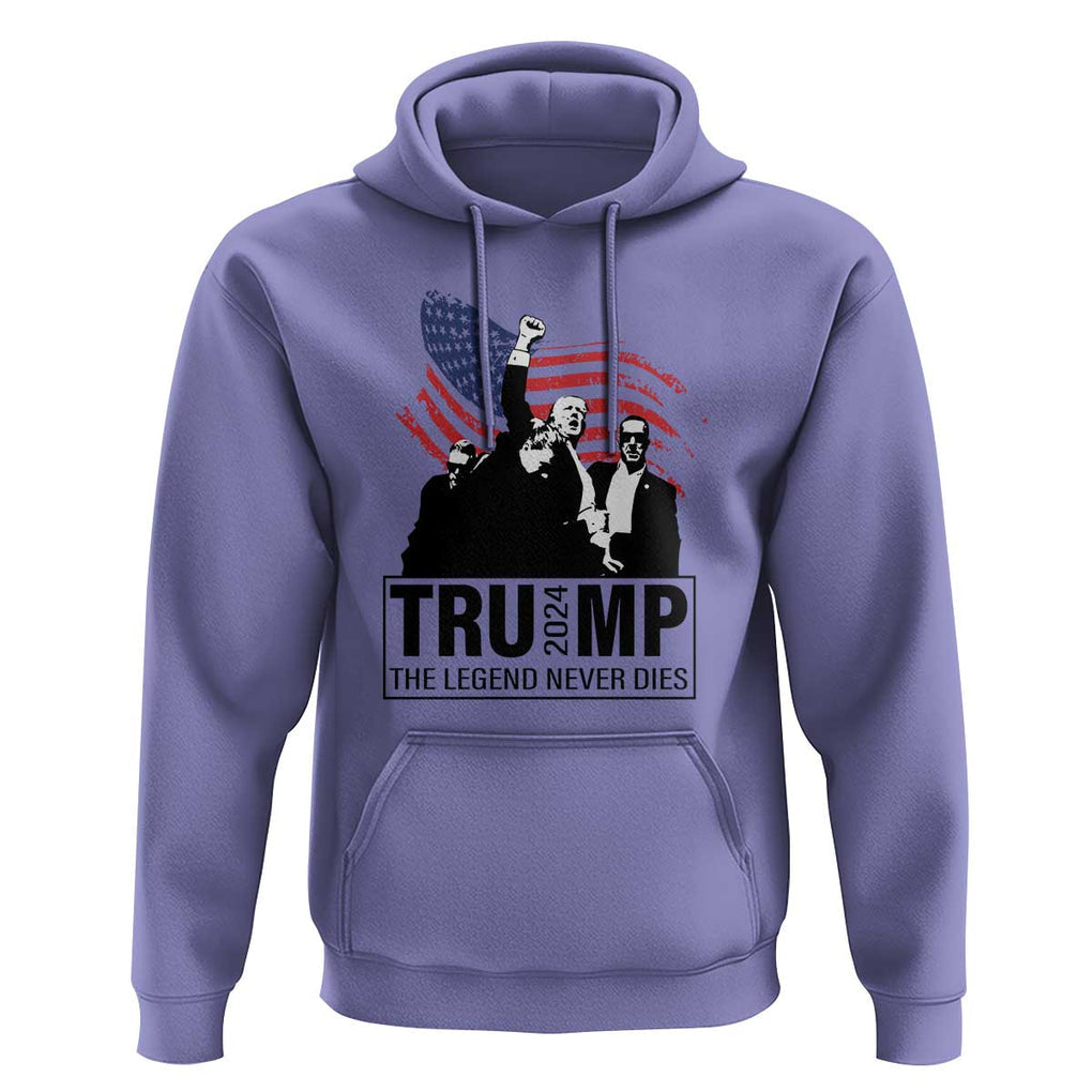 Trump The Legend Never Dies 2024 Hoodie American Flag Raised Fist TS11 Violet Print Your Wear