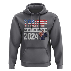 Trump Never Surrender 2024 Hoodie American Flag Raised Fist TS11 Charcoal Print Your Wear