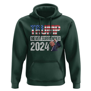 Trump Never Surrender 2024 Hoodie American Flag Raised Fist TS11 Dark Forest Green Print Your Wear