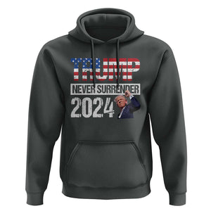 Trump Never Surrender 2024 Hoodie American Flag Raised Fist TS11 Dark Heather Print Your Wear