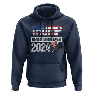 Trump Never Surrender 2024 Hoodie American Flag Raised Fist TS11 Navy Print Your Wear
