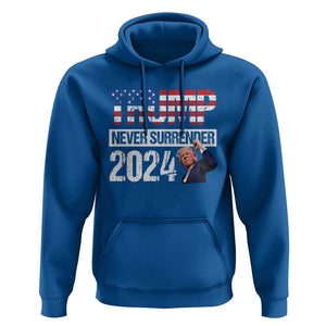 Trump Never Surrender 2024 Hoodie American Flag Raised Fist TS11 Royal Blue Print Your Wear