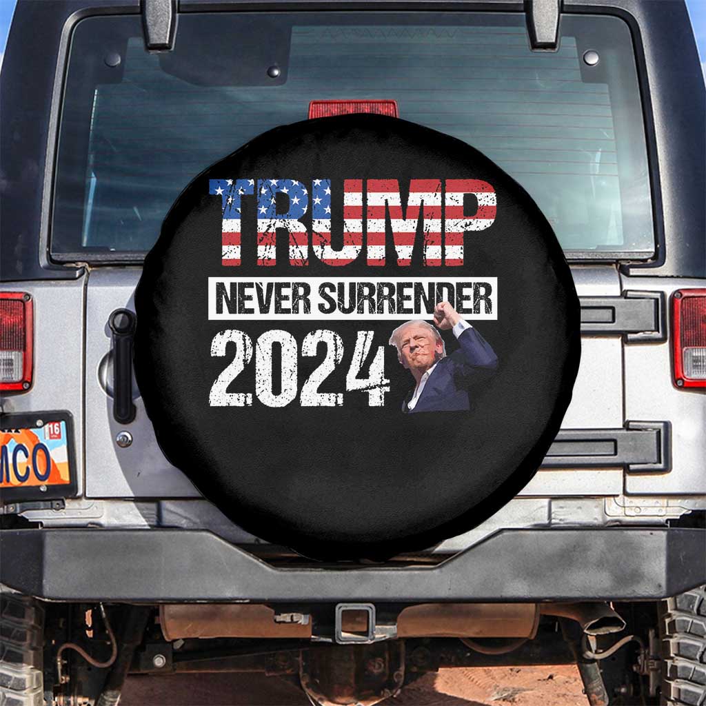 Trump Never Surrender 2024 Spare Tire Cover American Flag Raised Fist TS11 No hole Black Print Your Wear