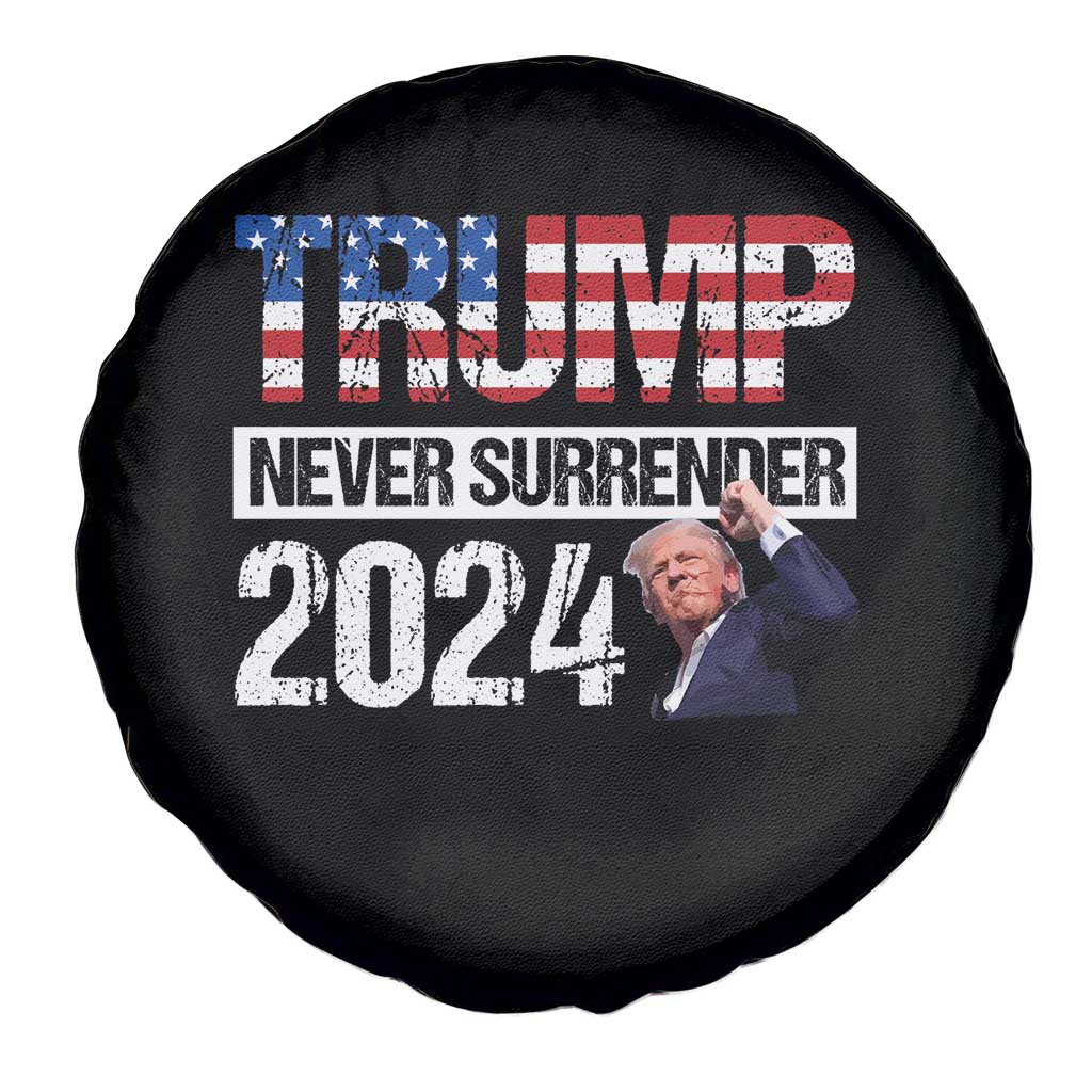 Trump Never Surrender 2024 Spare Tire Cover American Flag Raised Fist TS11 Print Your Wear