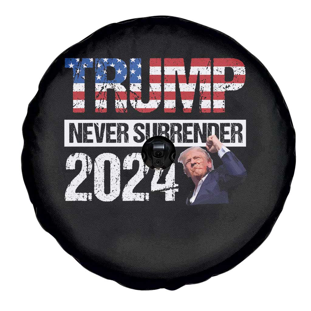 Trump Never Surrender 2024 Spare Tire Cover American Flag Raised Fist TS11 Print Your Wear