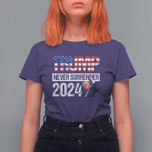 Trump Never Surrender 2024 T Shirt For Women American Flag Raised Fist TS11 Purple Print Your Wear