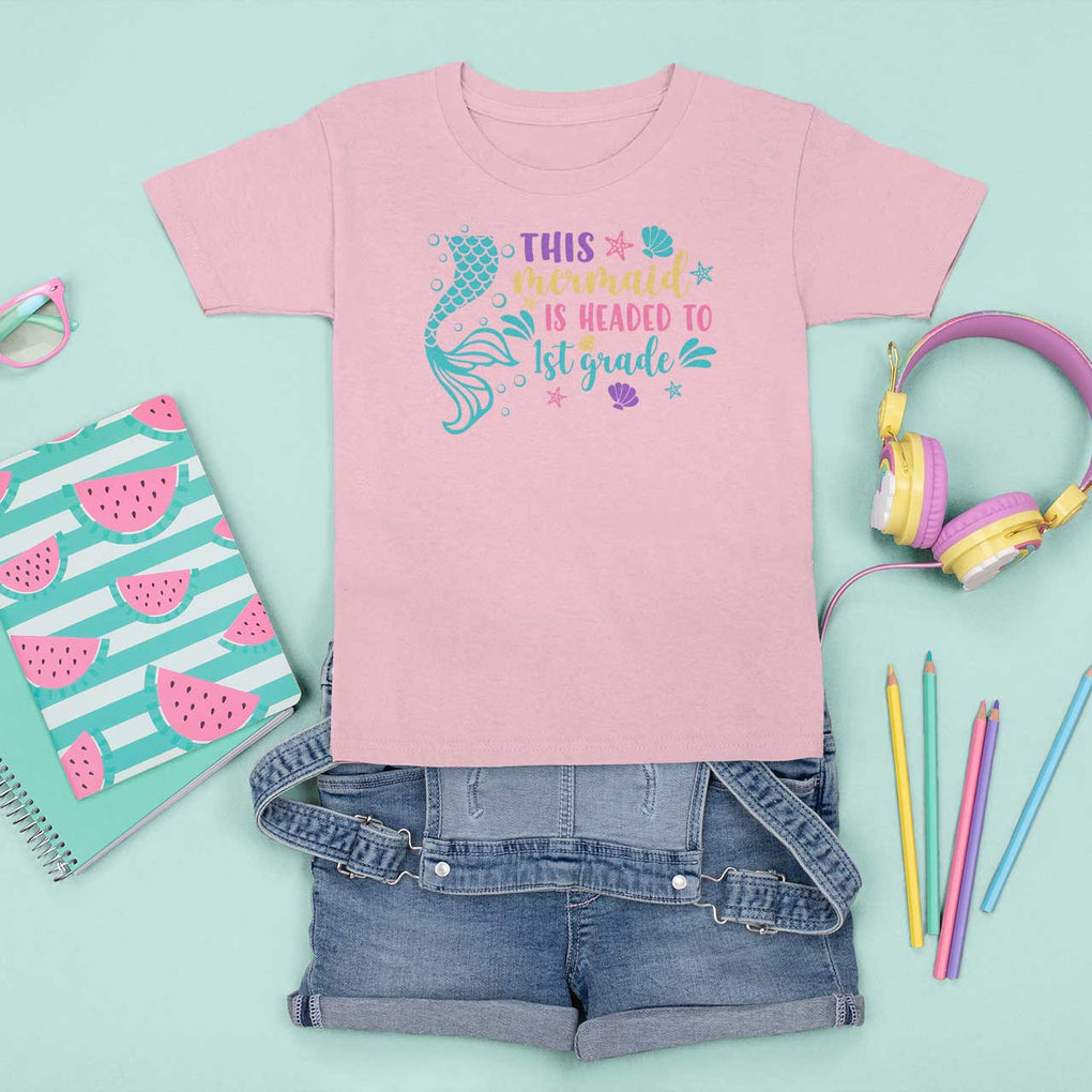 Funny Back To School T Shirt For Kid This Mermaid Is Headed To 1st Grade Bubbles Starfish Seashell TS11 Light Pink Print Your Wear