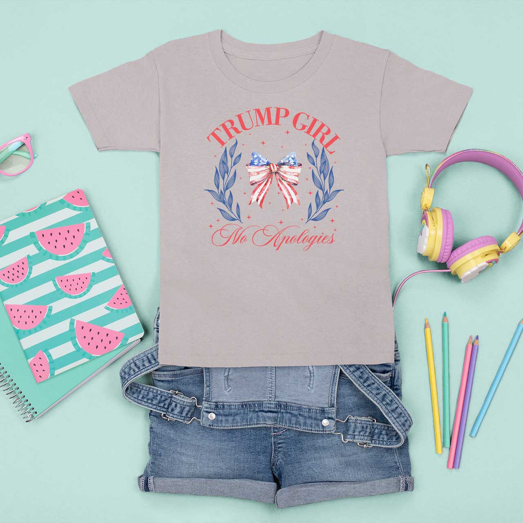 Trump Girl No Apologies T Shirt For Kid Coquette American Flag Patriotic Bow TS11 Ice Gray Print Your Wear