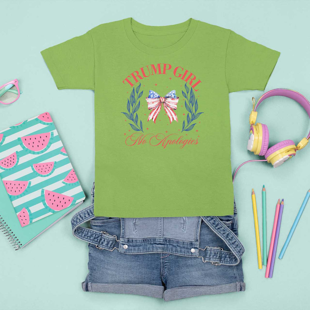 Trump Girl No Apologies T Shirt For Kid Coquette American Flag Patriotic Bow TS11 Lime Print Your Wear