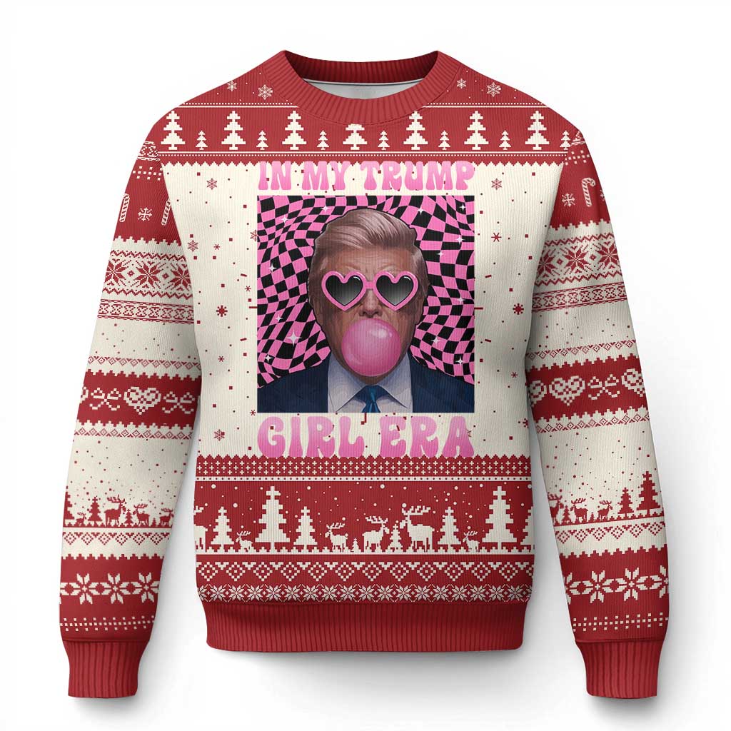 In My Trump Girl Era Ugly Christmas Sweater Retro Groove Pink Bubble Gum Glasses TS11 Red Print Your Wear