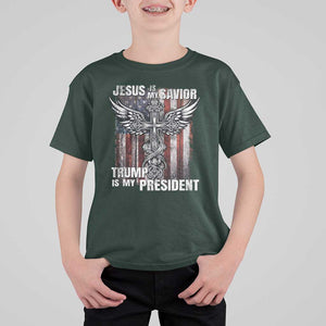 Jesus Is My Savior Trump Is My President T Shirt For Kid American Flag Cross TS11 Dark Forest Green Print Your Wear
