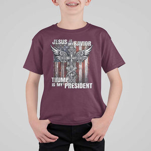 Jesus Is My Savior Trump Is My President T Shirt For Kid American Flag Cross TS11 Maroon Print Your Wear