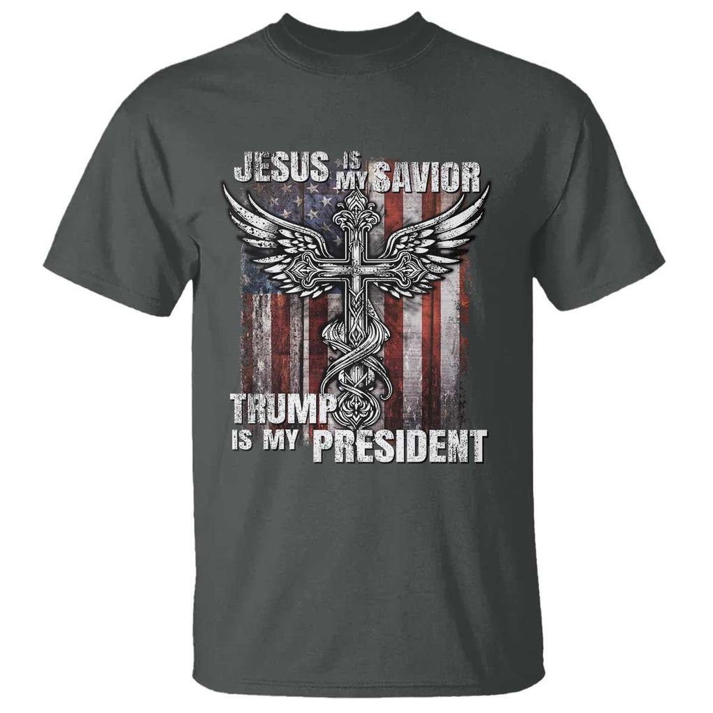 Jesus Is My Savior Trump Is My President T Shirt American Flag Cross TS11 Dark Heather Print Your Wear