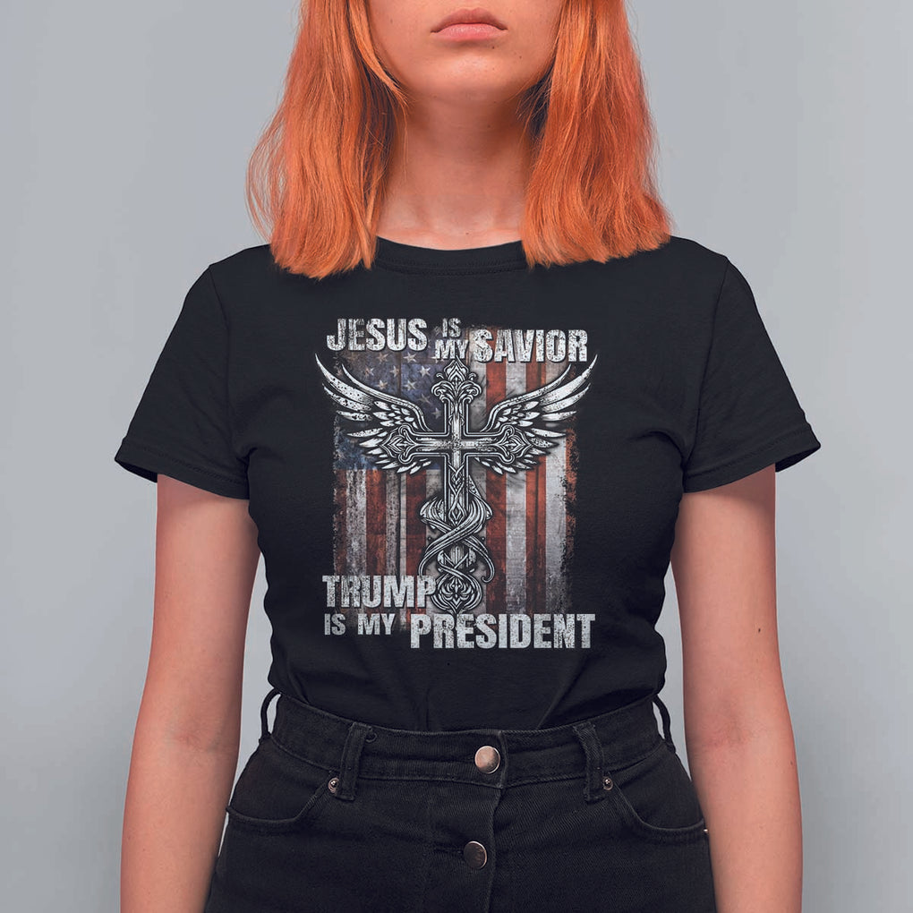 Jesus Is My Savior Trump Is My President T Shirt For Women American Flag Cross TS11 Black Print Your Wear