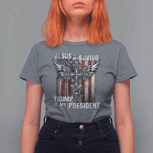 Jesus Is My Savior Trump Is My President T Shirt For Women American Flag Cross TS11 Charcoal Print Your Wear