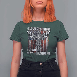 Jesus Is My Savior Trump Is My President T Shirt For Women American Flag Cross TS11 Dark Forest Green Print Your Wear