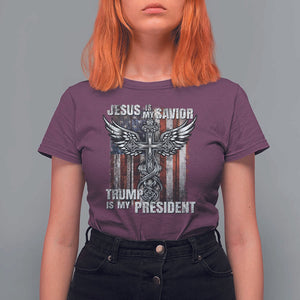 Jesus Is My Savior Trump Is My President T Shirt For Women American Flag Cross TS11 Maroon Print Your Wear