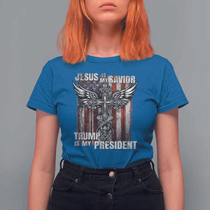 Jesus Is My Savior Trump Is My President T Shirt For Women American Flag Cross TS11 Royal Blue Print Your Wear