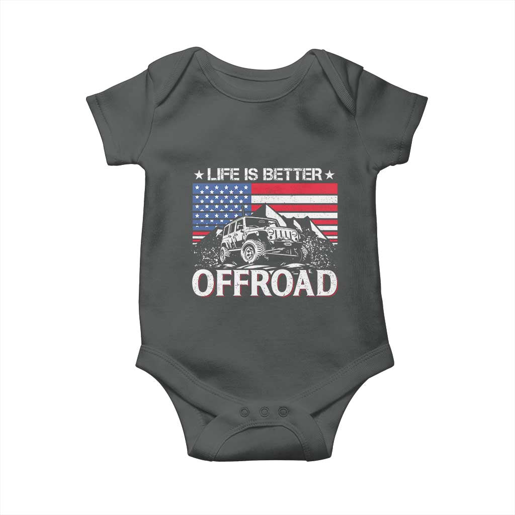 Life Is Better Off Road Car Baby Onesie American Flag Mountain Adventure TS11 Dark Heather Print Your Wear