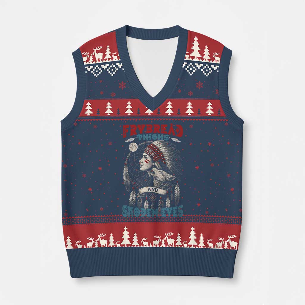 Native American Women V-Neck Knit Sweater Vest Frybread Thighs Skoden Eyes Dreamcatcher TS11 Navy Red Print Your Wear
