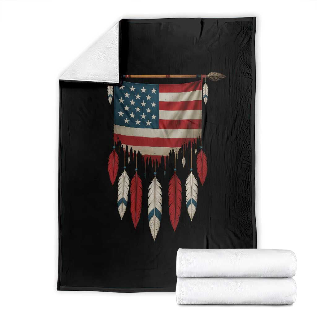 Native American Vintage Feathers USA Flag Throw Blanket TS11 Black Print Your Wear