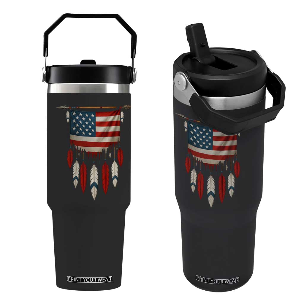 Native American Vintage Feathers USA Flag Flip Straw Tumbler TS11 One Size: 30 oz Black Print Your Wear