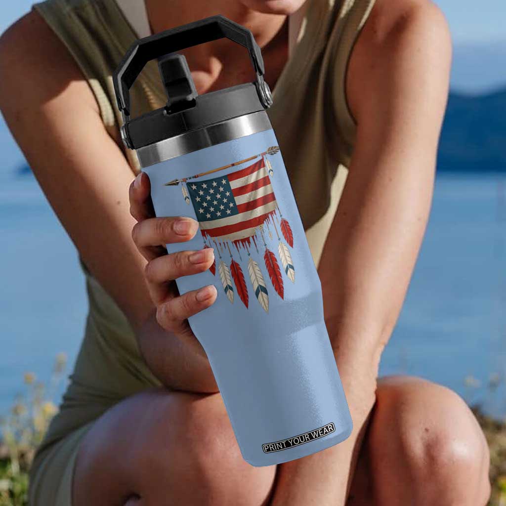 Native American Vintage Feathers USA Flag Flip Straw Tumbler TS11 One Size: 30 oz Light Blue Print Your Wear