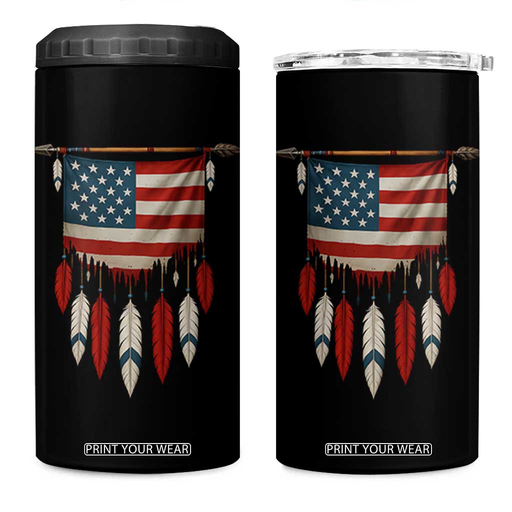 Native American Vintage Feathers USA Flag 4 in 1 Can Cooler Tumbler TS11 One Size: 16 oz Black Print Your Wear