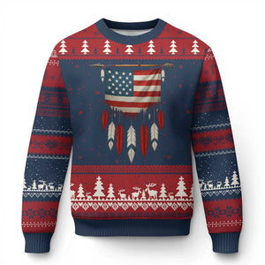 Native American Vintage Feathers USA Flag Ugly Christmas Sweater TS11 Navy Red Print Your Wear