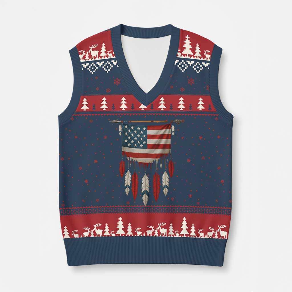 Native American Vintage Feathers USA Flag V-Neck Knit Sweater Vest - Print Your Wear