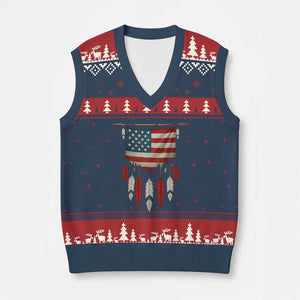 Native American Vintage Feathers USA Flag V-Neck Knit Sweater Vest - Print Your Wear