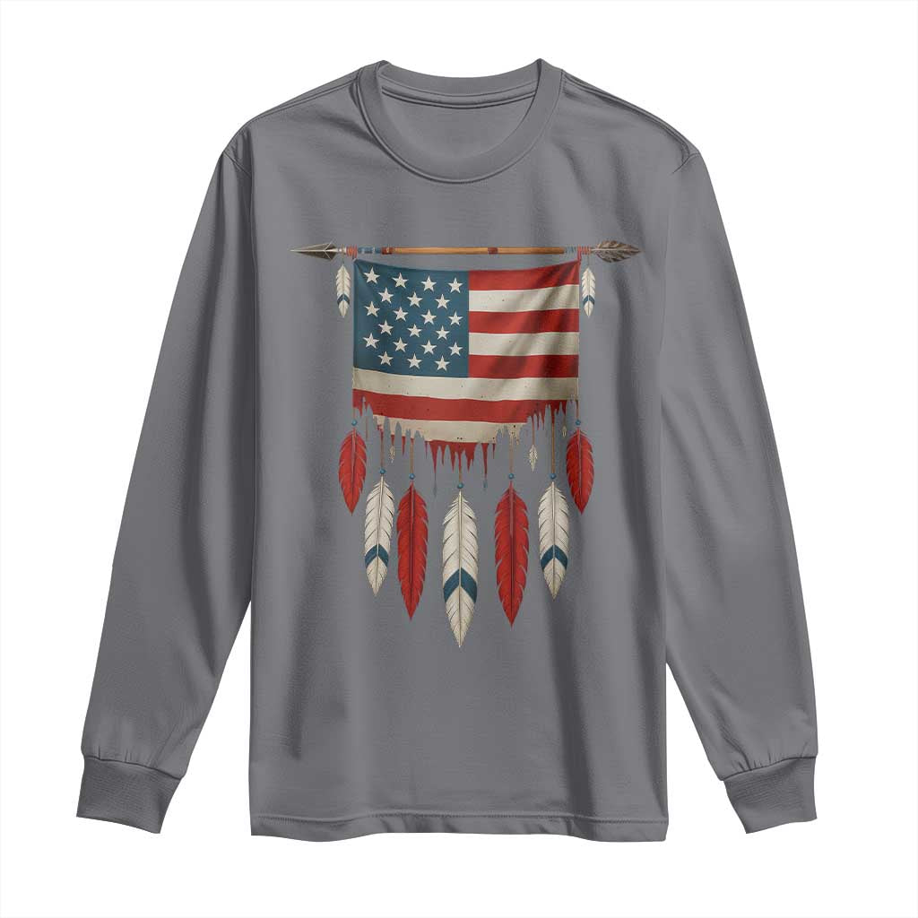 Native American Vintage Feathers USA Flag Long Sleeve Shirt TS11 Charcoal Print Your Wear