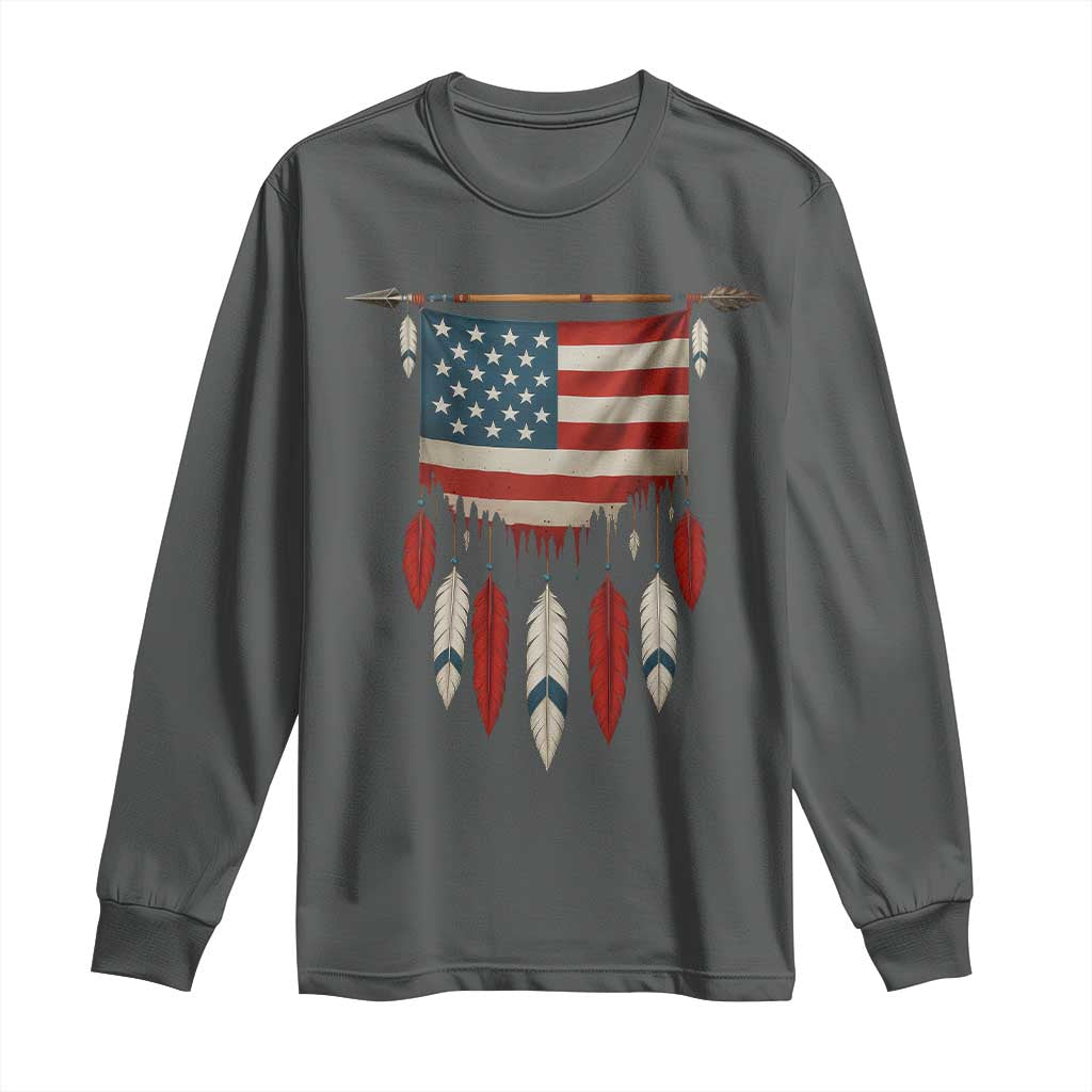 Native American Vintage Feathers USA Flag Long Sleeve Shirt TS11 Dark Heather Print Your Wear