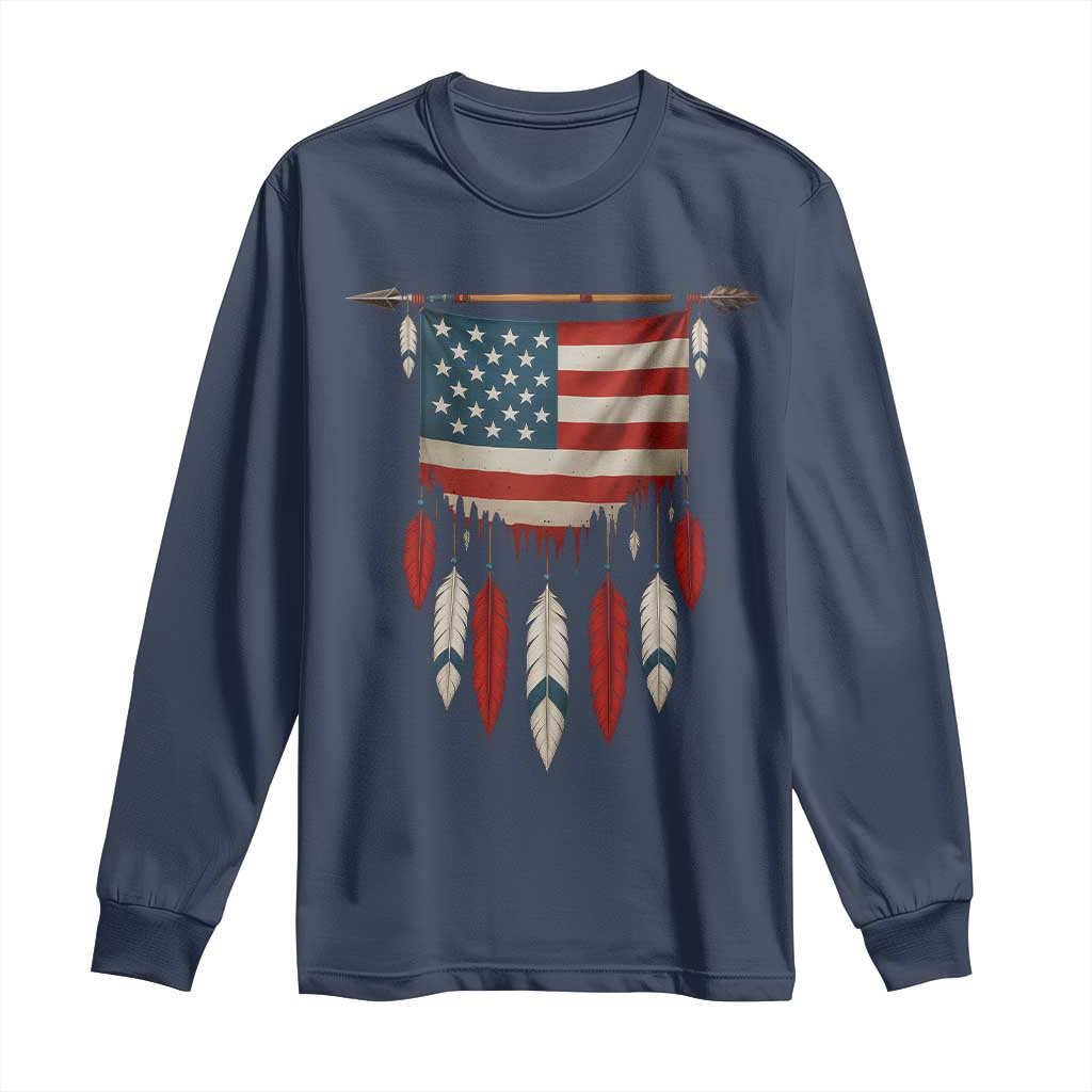Native American Vintage Feathers USA Flag Long Sleeve Shirt TS11 Navy Print Your Wear