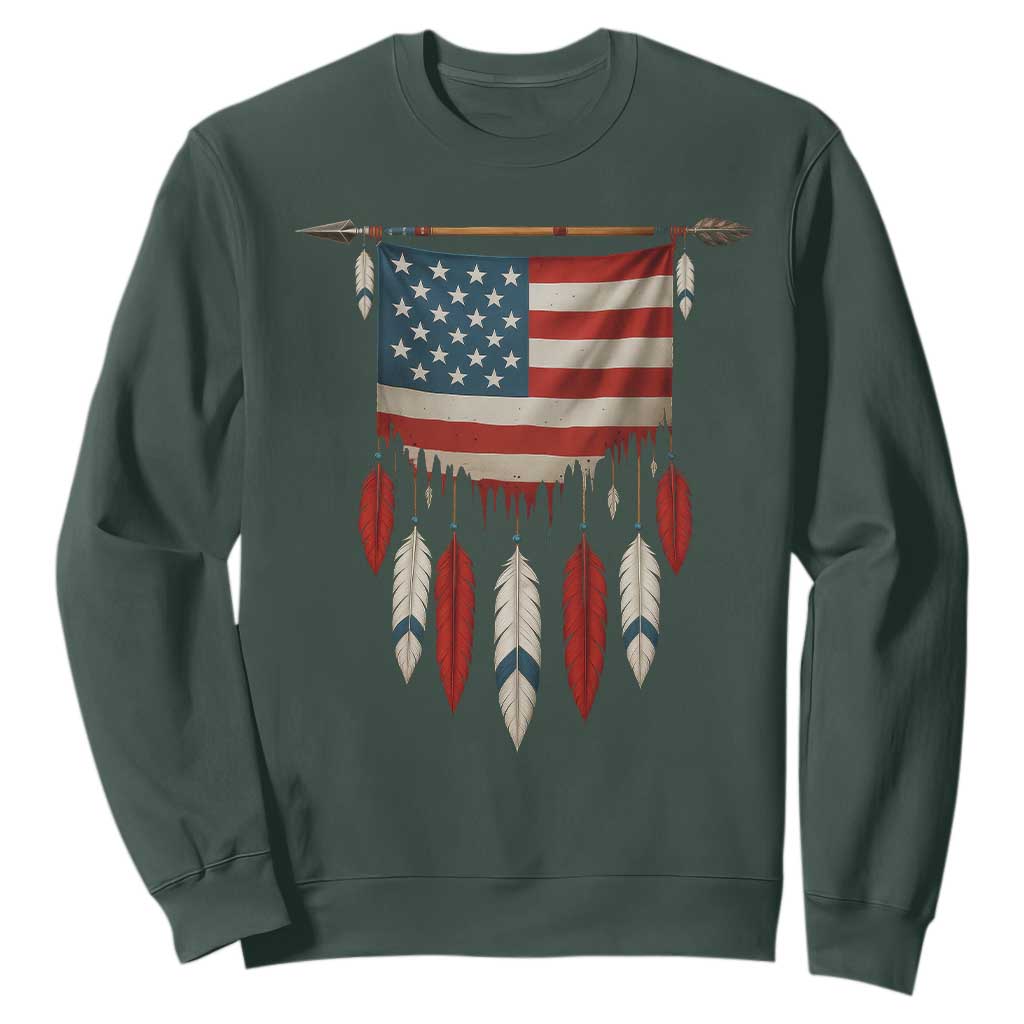 Native American Vintage Feathers USA Flag Sweatshirt TS11 Dark Forest Green Print Your Wear
