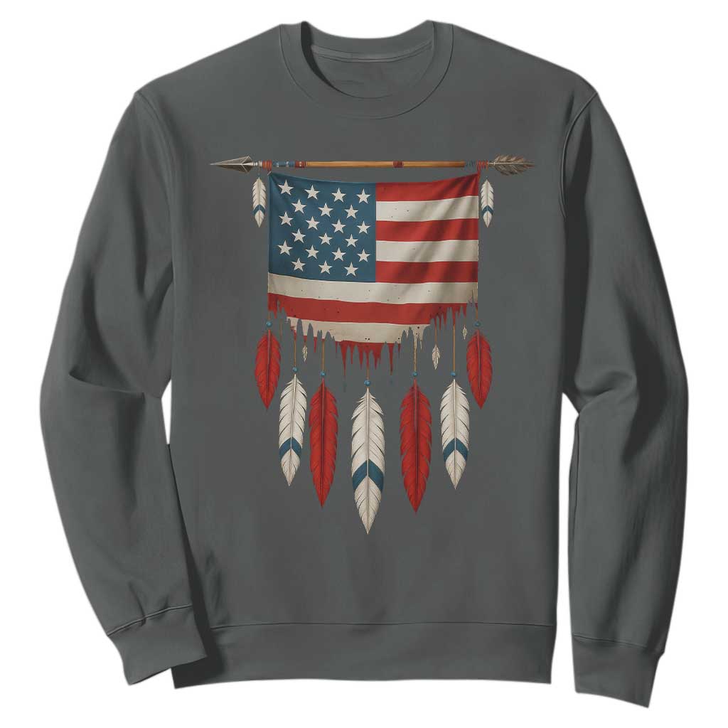 Native American Vintage Feathers USA Flag Sweatshirt TS11 Dark Heather Print Your Wear