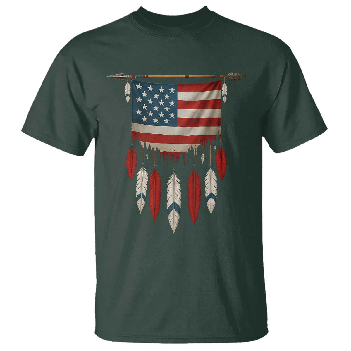 Native American Vintage Feathers USA Flag T Shirt TS11 Dark Forest Green Print Your Wear