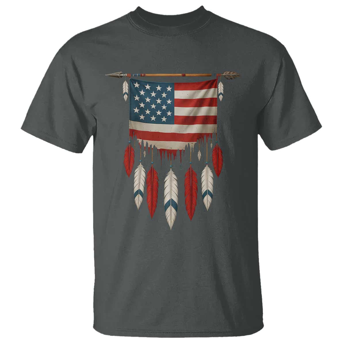 Native American Vintage Feathers USA Flag T Shirt TS11 Dark Heather Print Your Wear