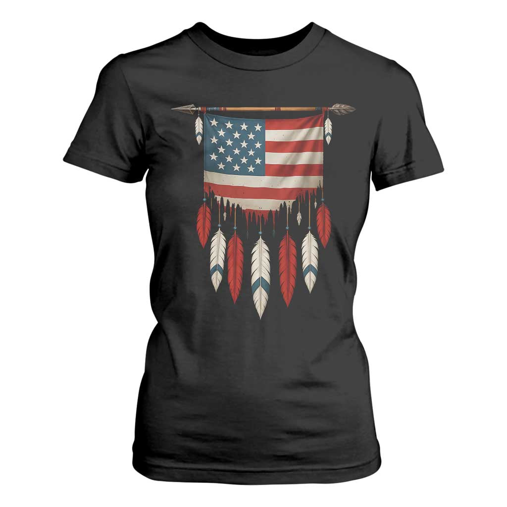 Native American Vintage Feathers USA Flag T Shirt For Women TS11 Black Print Your Wear