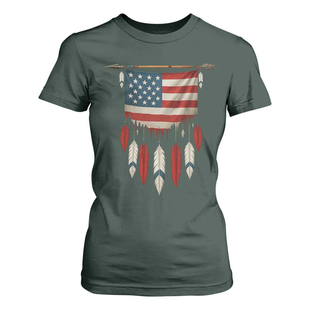 Native American Vintage Feathers USA Flag T Shirt For Women TS11 Dark Forest Green Print Your Wear