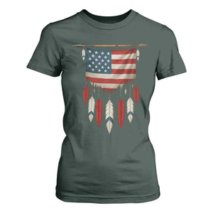 Native American Vintage Feathers USA Flag T Shirt For Women TS11 Dark Forest Green Print Your Wear