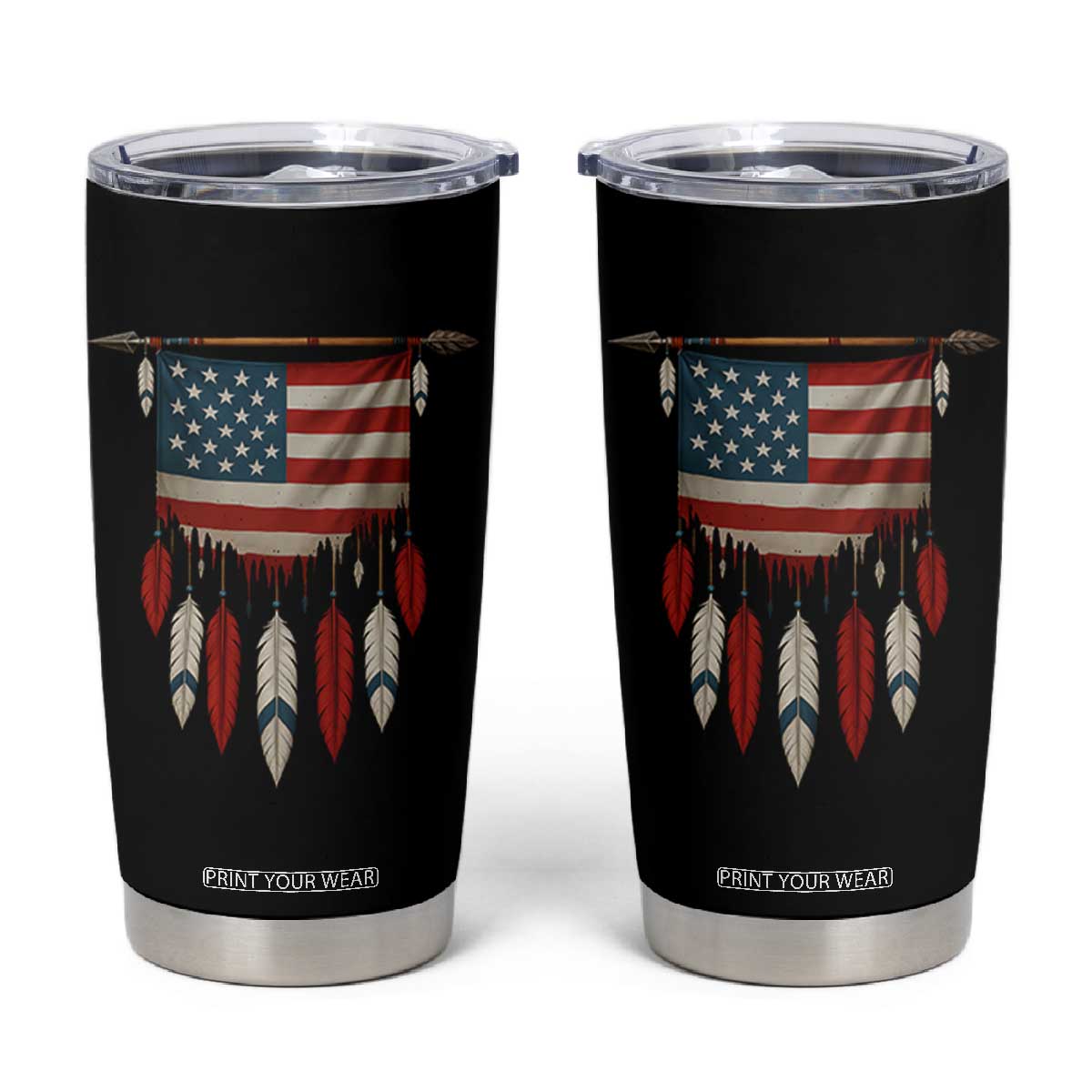 Native American Vintage Feathers USA Flag Tumbler Cup TS11 Black Print Your Wear
