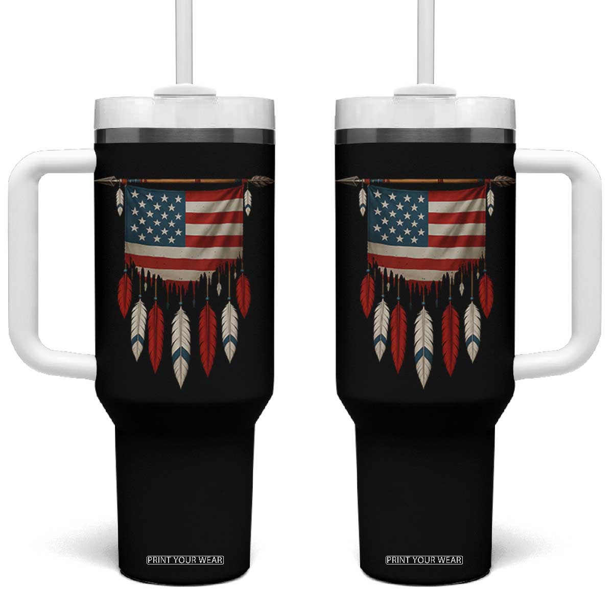 Native American Vintage Feathers USA Flag Tumbler With Handle TS11 One Size: 40 oz Black Print Your Wear