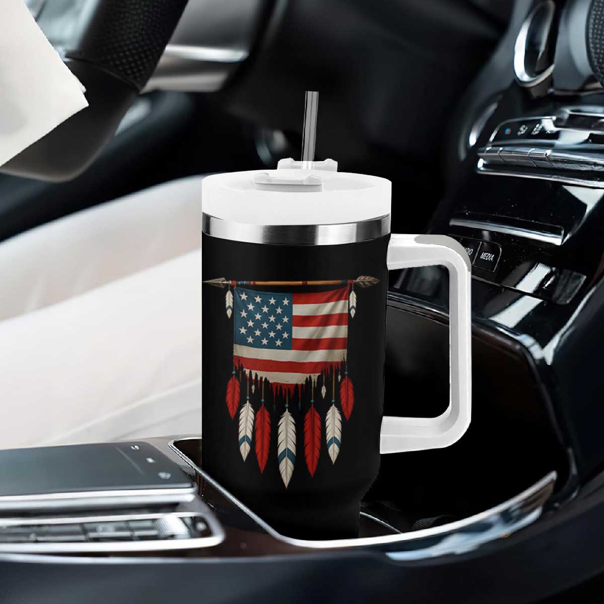 Native American Vintage Feathers USA Flag Tumbler With Handle TS11 Print Your Wear