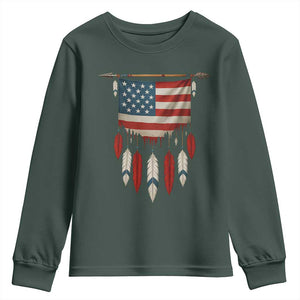 Native American Vintage Feathers USA Flag Youth Sweatshirt TS11 Dark Forest Green Print Your Wear