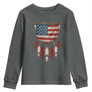 Native American Vintage Feathers USA Flag Youth Sweatshirt TS11 Dark Heather Print Your Wear