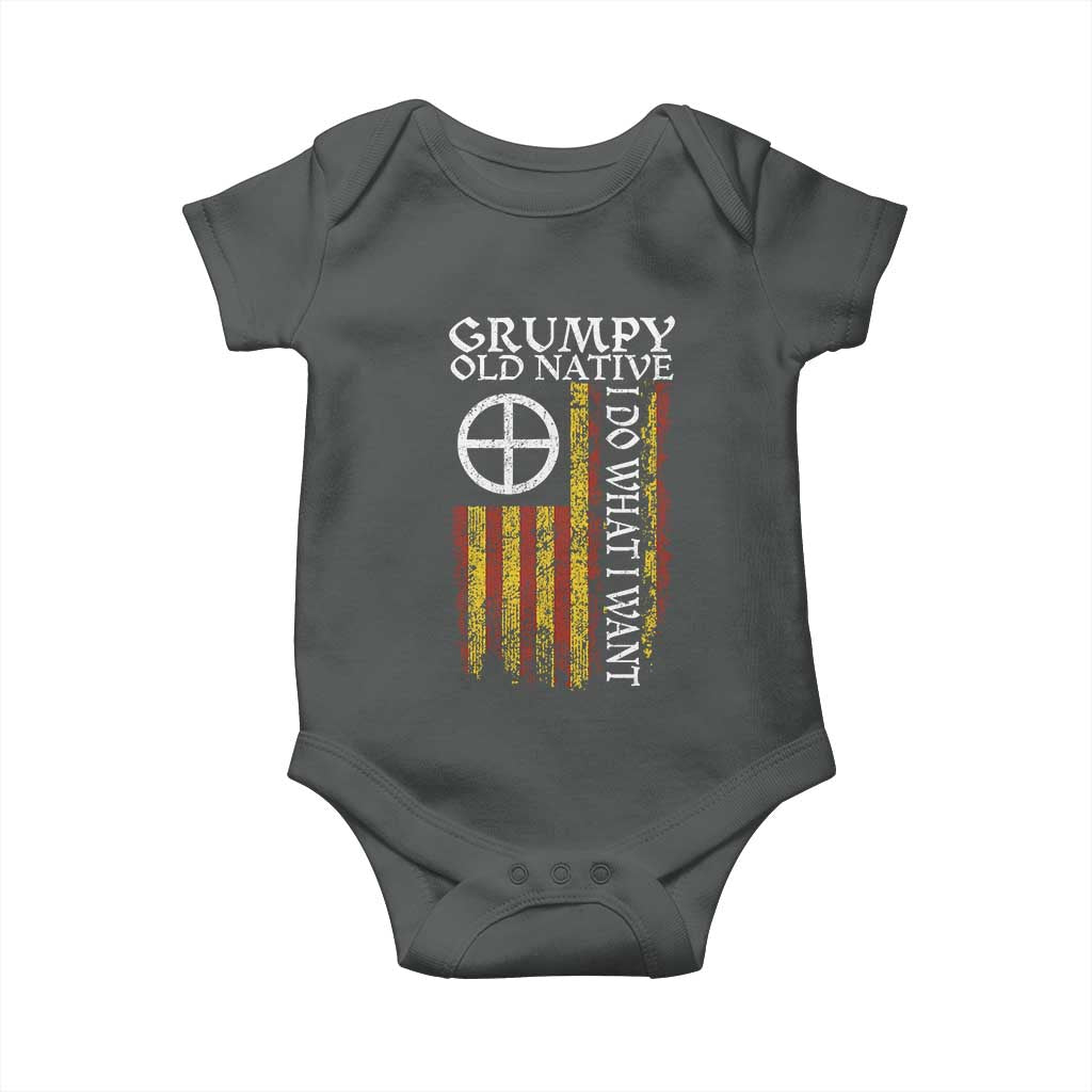 Funny Native American Baby Onesie Grumpy Old Native I Do What I Want American Flag TS11 Dark Heather Print Your Wear