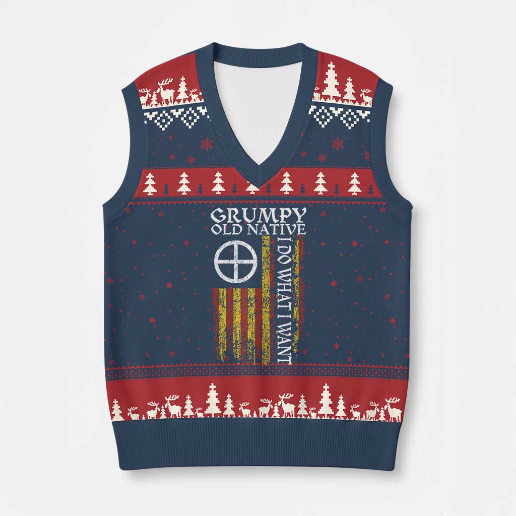 Funny Native American V-Neck Knit Sweater Vest Grumpy Old Native I Do What I Want American Flag - Print Your Wear